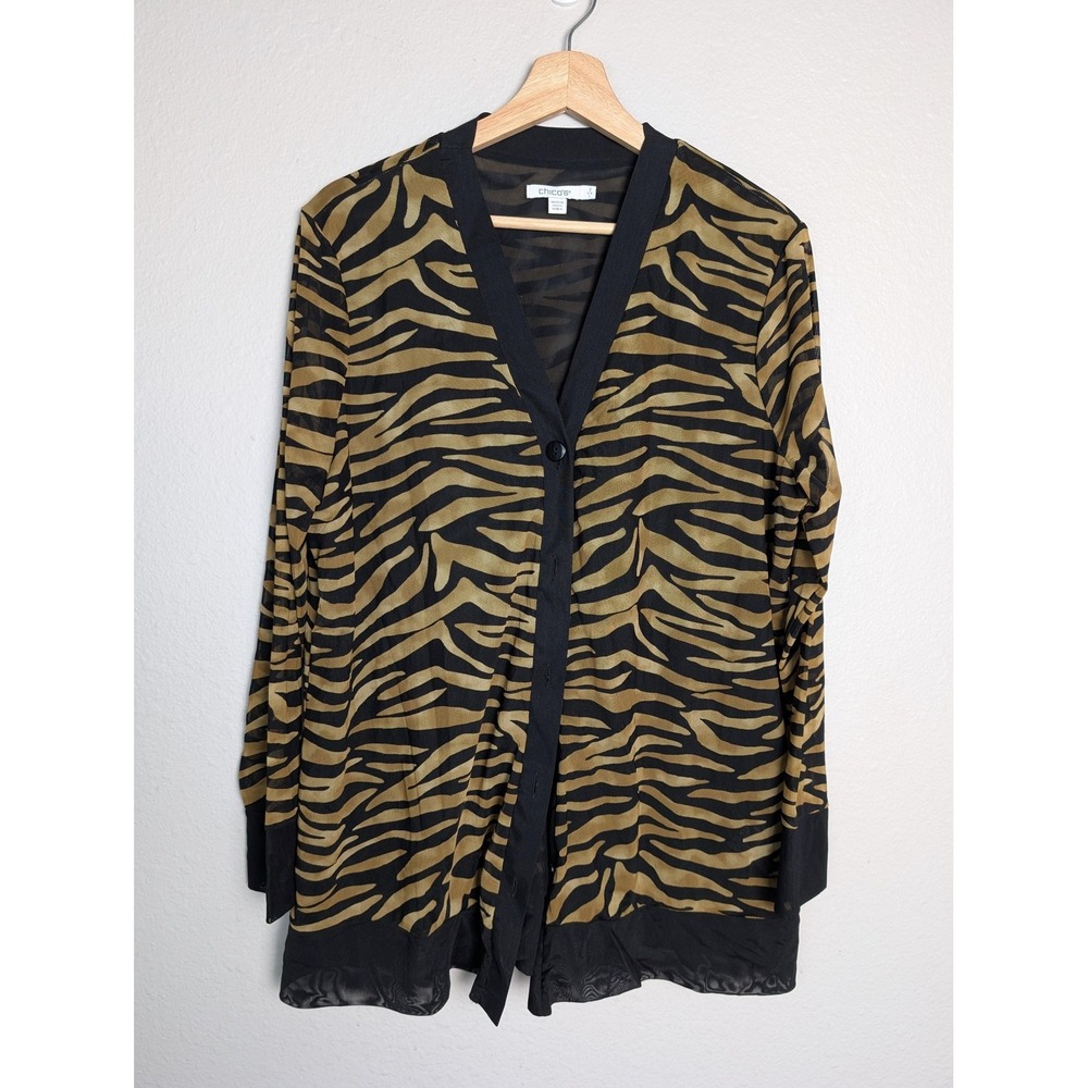 Chicos Shirt Womens Large Brown Black Zebra Animal Print Mesh Sheer‎ Tunic Top